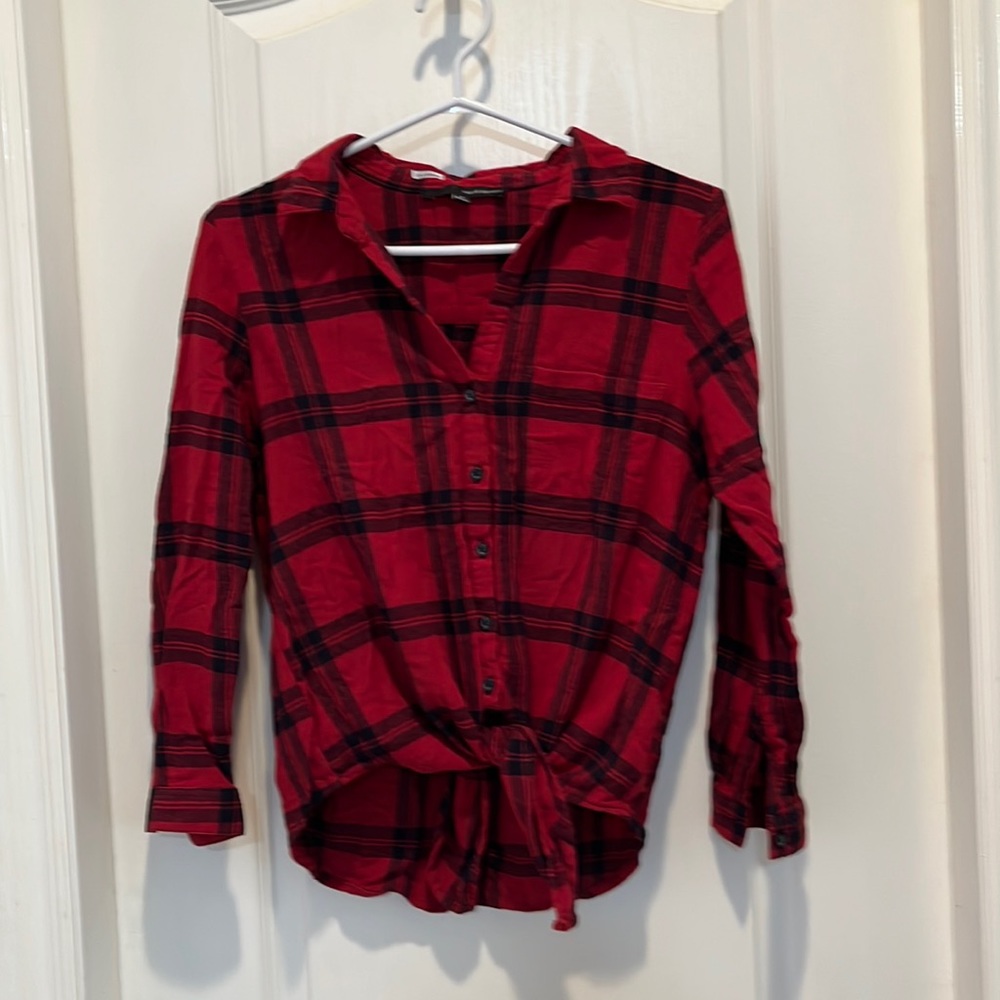 Herve Bernard tie front red and black plaid button down